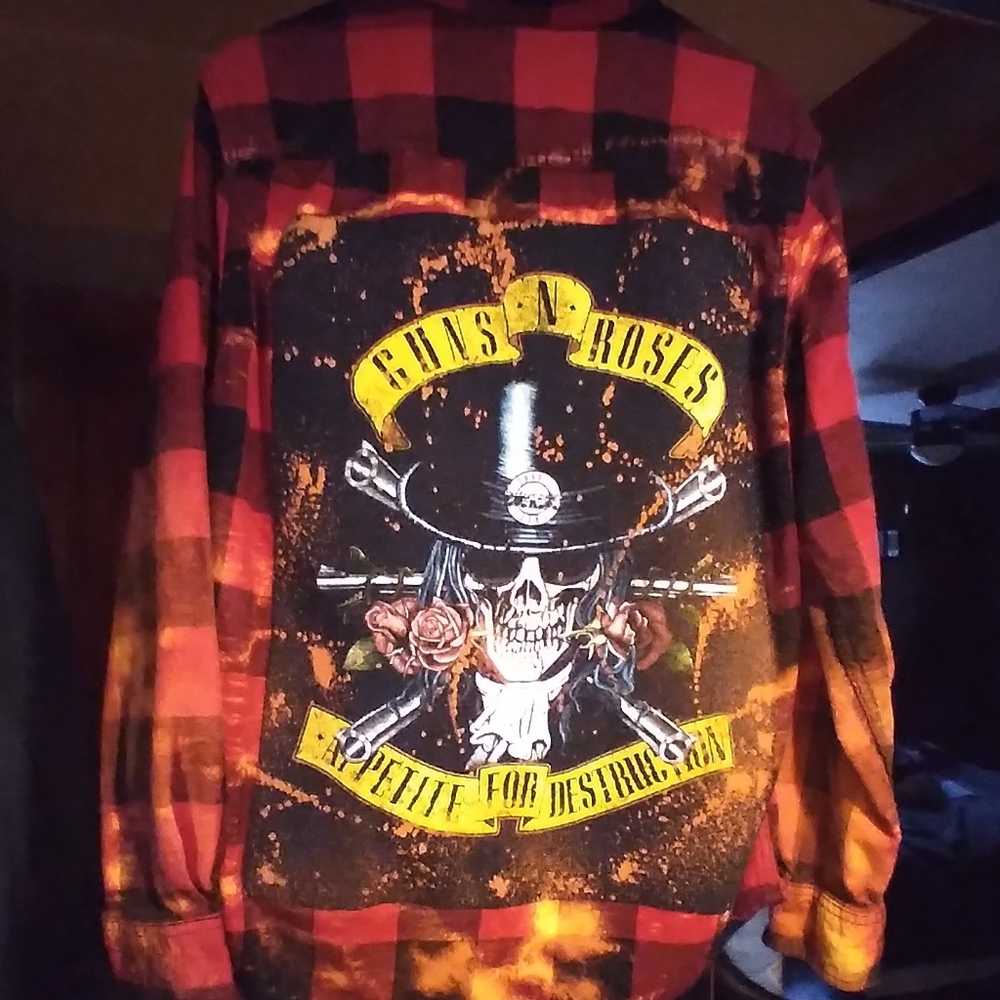 upcycled bleached flannel shirt w/ custom GUNS N ROSES back patch
